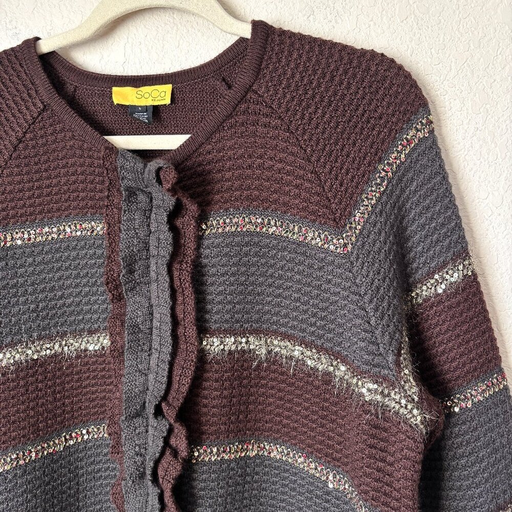 SoCa St. John Luxury Wool Silk Cashmere Striped Ruffle Cardigan Sweater - Picture 3 of 14